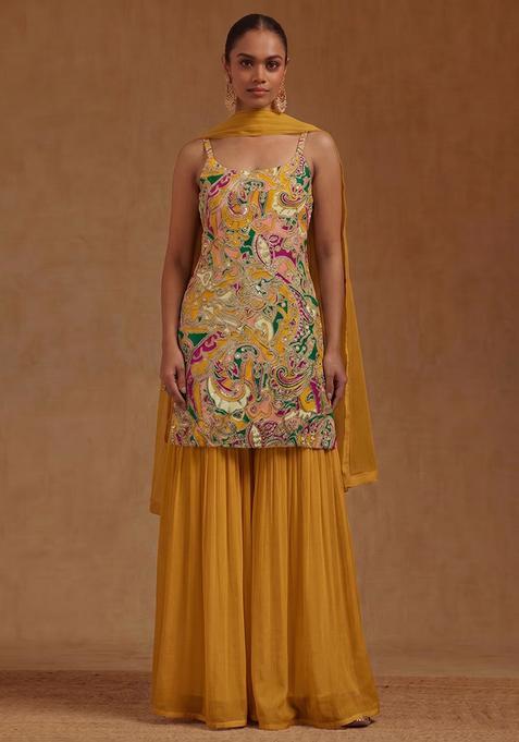 Mustard Printed Chanderi Sharara Set