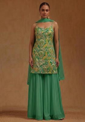 Emerald Green Printed Chanderi Sharara Set