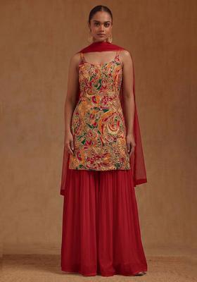 Crimson Red Printed Chanderi Sharara Set