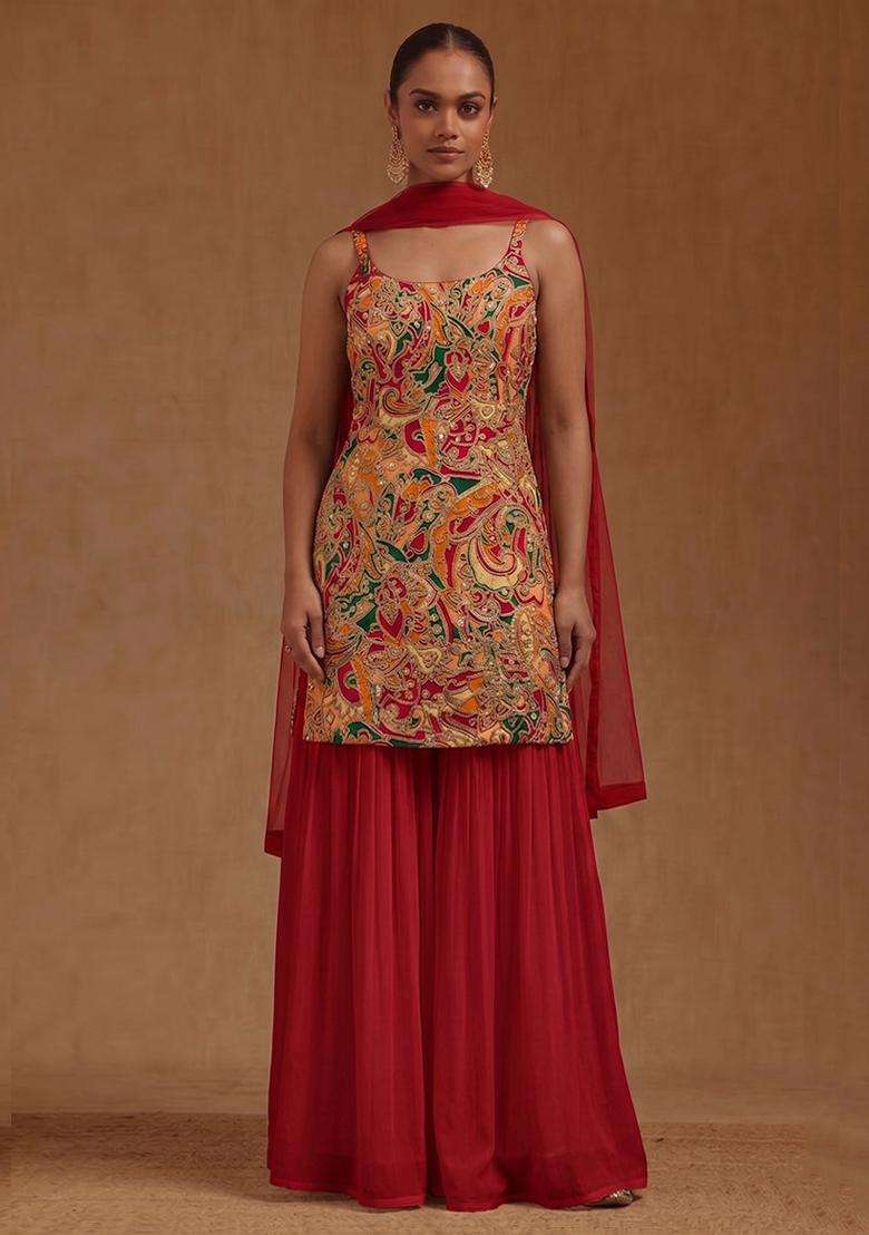 Crimson Red Printed Chanderi Sharara Set - Indya