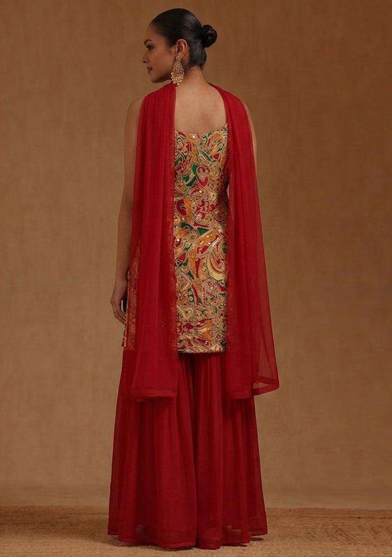 Crimson Red Printed Chanderi Sharara Set - Indya