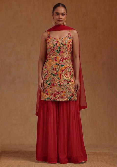 Crimson Red Printed Chanderi Sharara Set