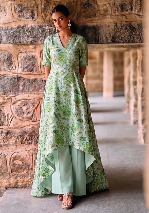 Mint Green Printed Crepe Kurta Set