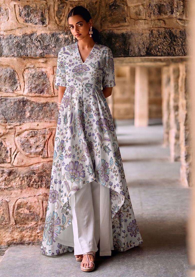 Green Printed Crepe Kurta Set - Indya