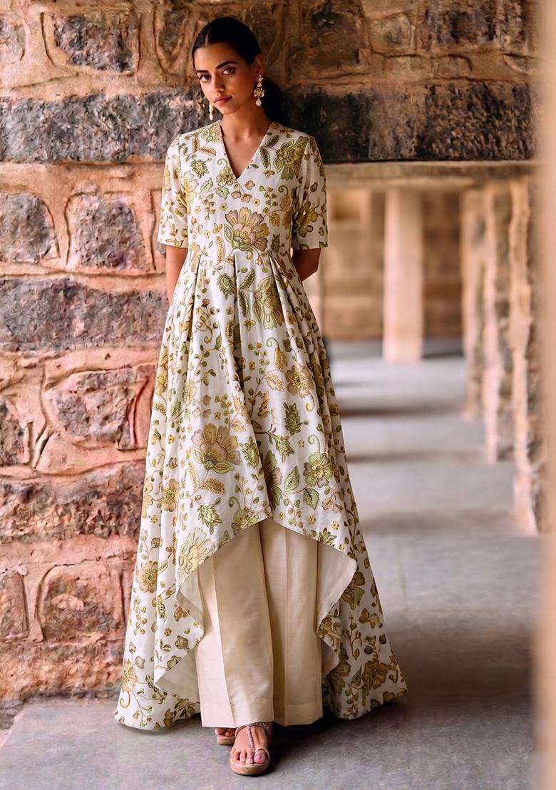 Ivory Printed Crepe Kurta Set - Indya