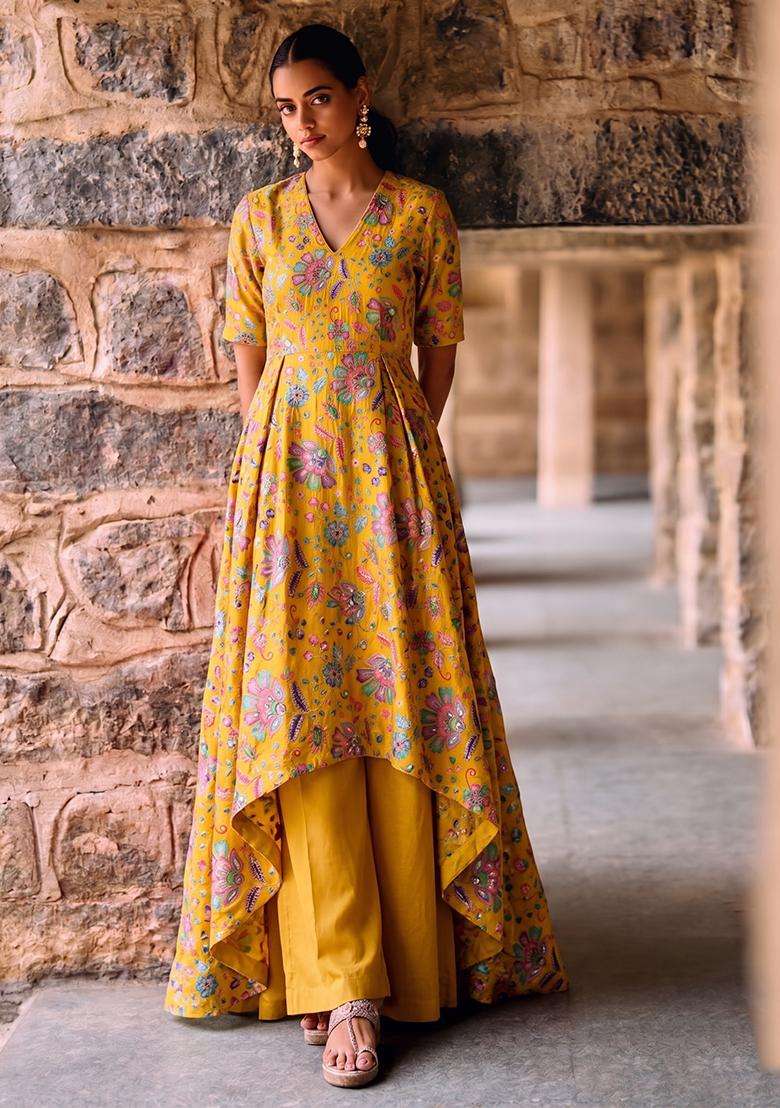 Mustard Printed Crepe Kurta Set - Indya
