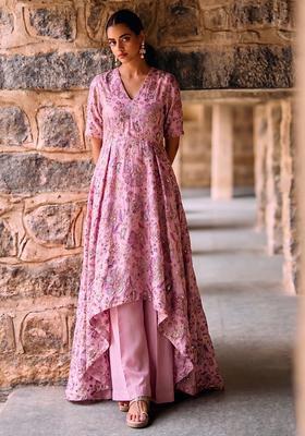 Pink Printed Crepe Kurta Set