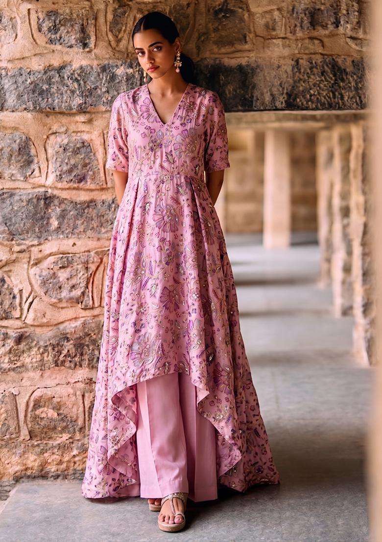 Pink Printed Crepe Kurta Set - Indya