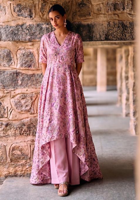 Pink Printed Crepe Kurta Set