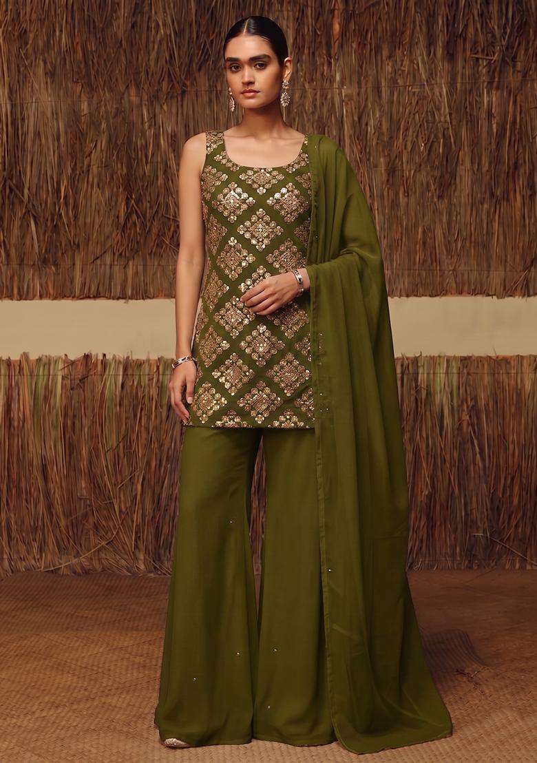 Mehendi Green Embroidered Crepe Sharara Set - Indya