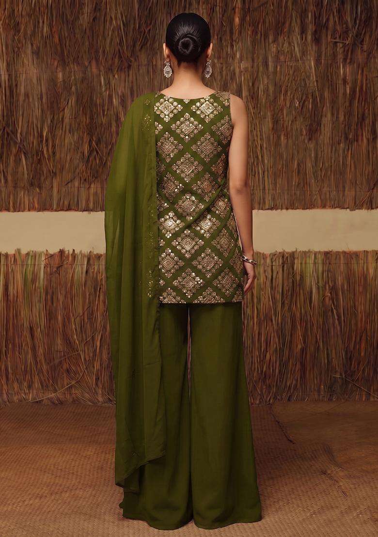 Mehendi Green Embroidered Crepe Sharara Set - Indya