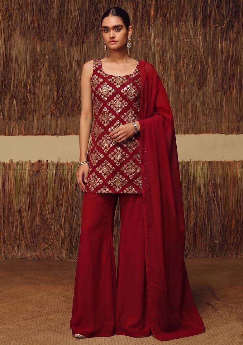 Deep Red Embroidered Crepe Sharara Set - Indya