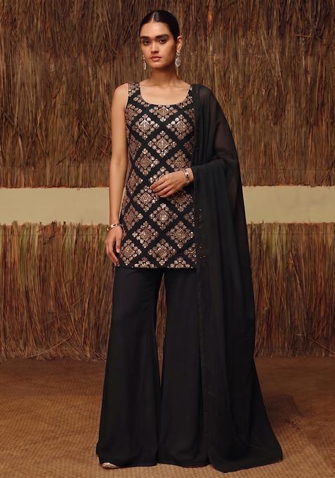 Black Embroidered Crepe Sharara Set