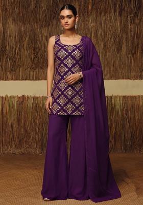 Purple Embroidered Crepe Sharara Set