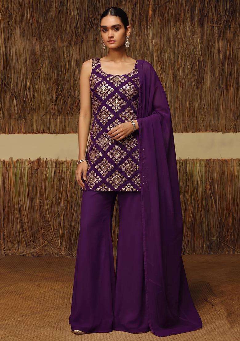Purple Embroidered Crepe Sharara Set - Indya