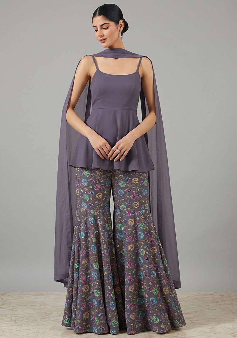 Mauve Printed Crepe Sharara Set - Indya