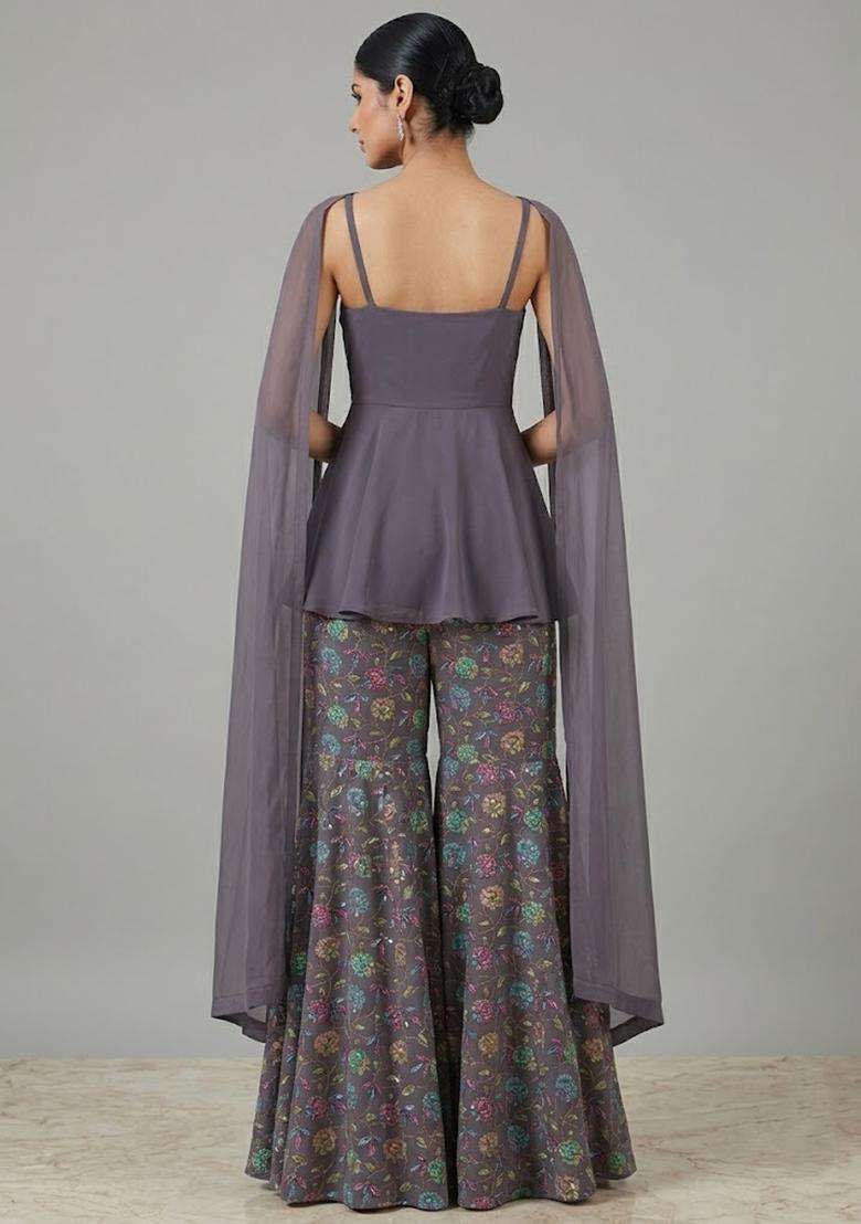 Mauve Printed Crepe Sharara Set - Indya