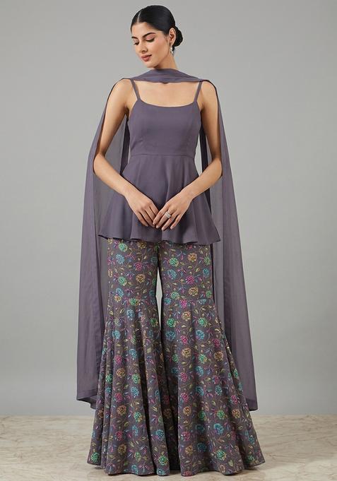 Mauve Printed Crepe Sharara Set