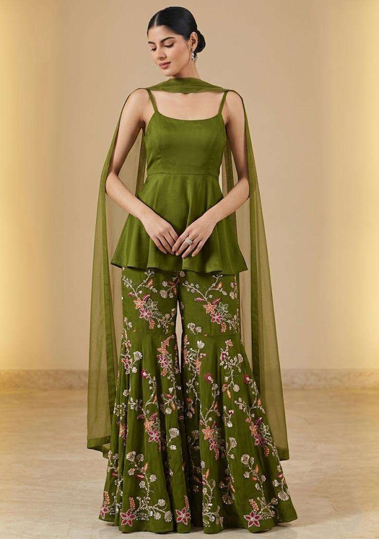 Olive Green Embroidered Crepe Sharara Set - Indya