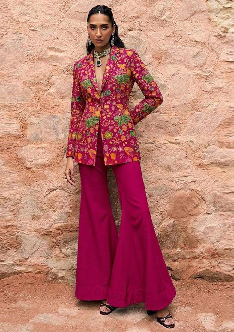 Hot Pink Embroidered Organza Fusion Set - Indya