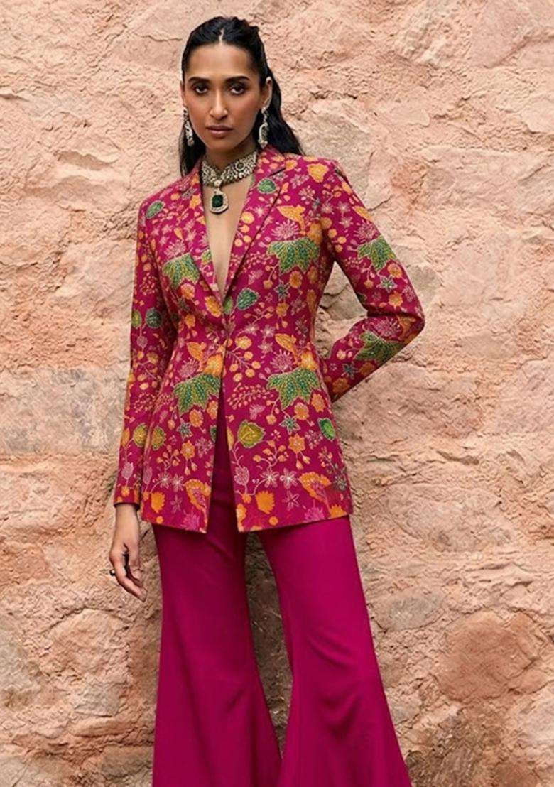 Hot Pink Embroidered Organza Fusion Set - Indya