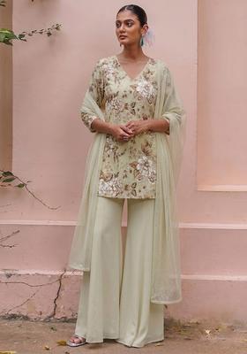 Mint Green Printed Crepe Sharara Set