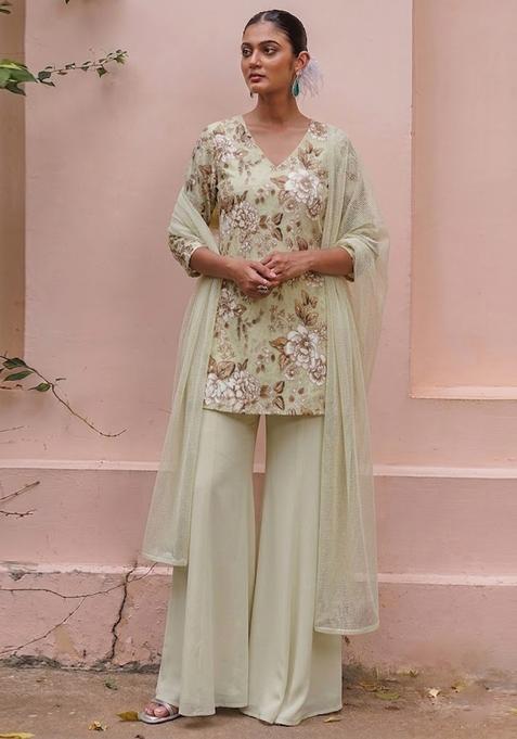 Mint Green Printed Crepe Sharara Set