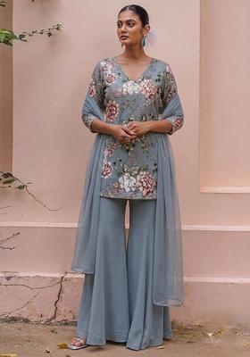 Steel Grey Printed Crepe Sharara Set