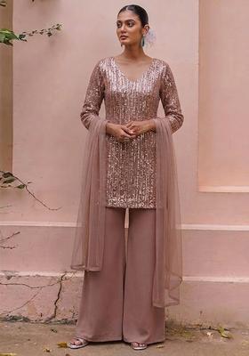 Rose Gold Embroidered Net Sharara Set