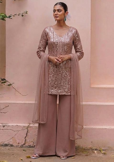 Rose Gold Embroidered Net Sharara Set