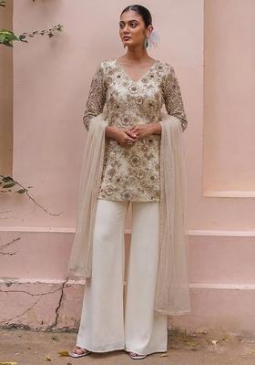 Golden Beige Embroidered Net Sharara Set
