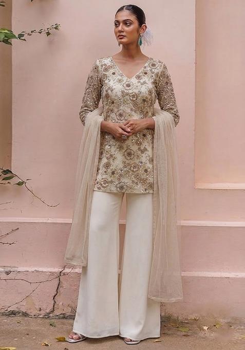 Golden Beige Embroidered Net Sharara Set