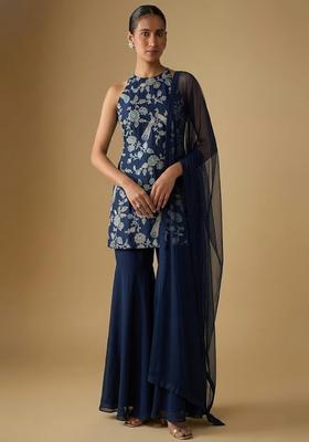 Navy Blue Printed Crepe Sharara Set