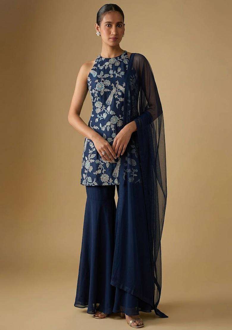 Navy Blue Printed Crepe Sharara Set - Indya