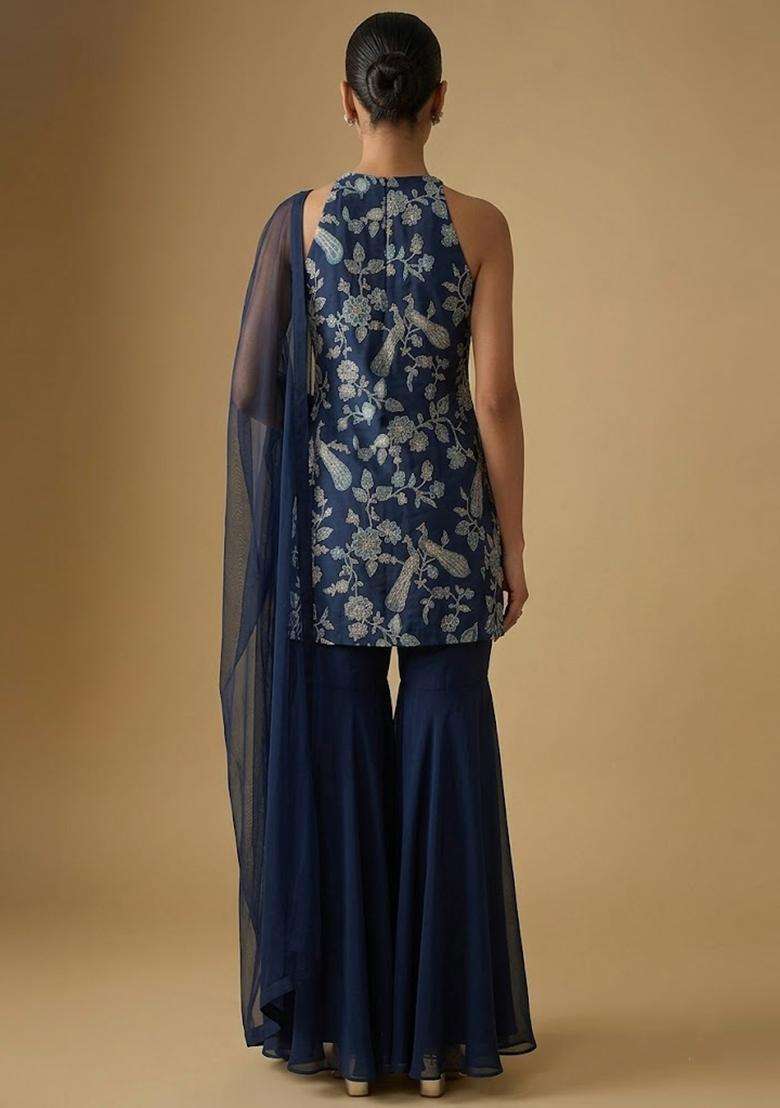 Navy Blue Printed Crepe Sharara Set - Indya