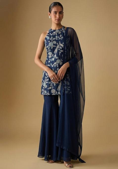 Navy Blue Printed Crepe Sharara Set