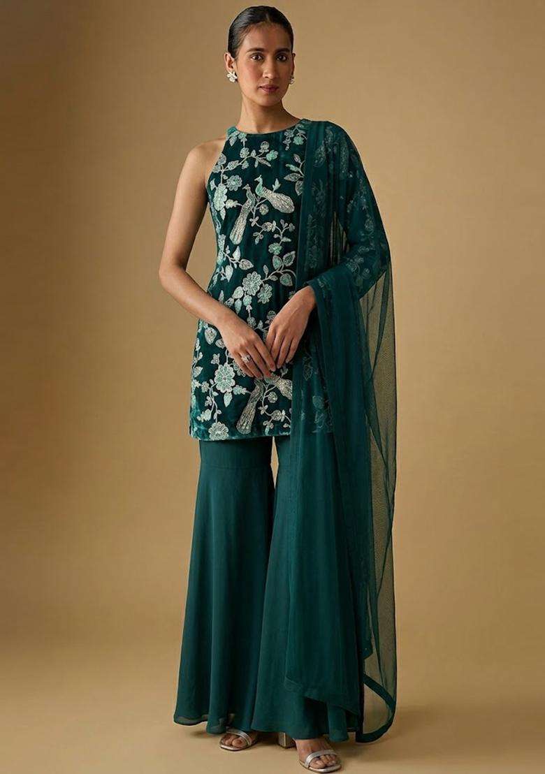 Teal Green Printed Crepe Sharara Set - Indya