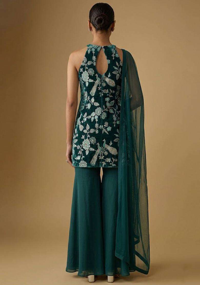 Teal Green Printed Crepe Sharara Set - Indya