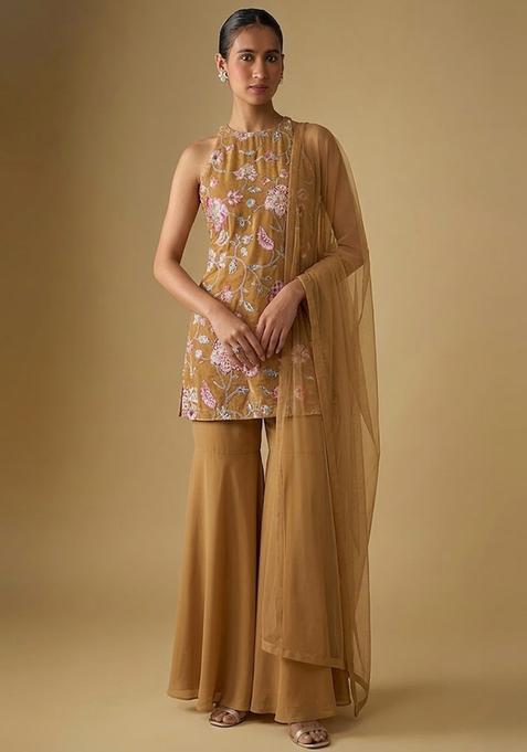 Camel Brown Printed Crepe Sharara Set