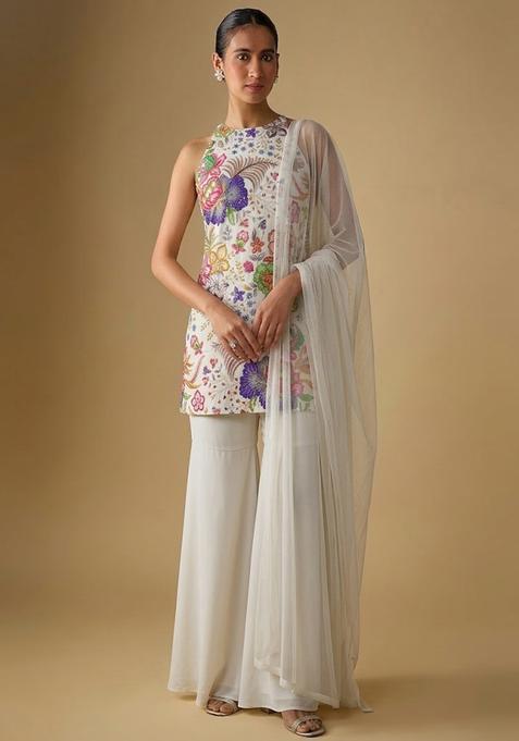 Off White Printed Chinon Sharara Set