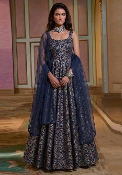 Navy Blue Brocade Anarkali with Dupatta