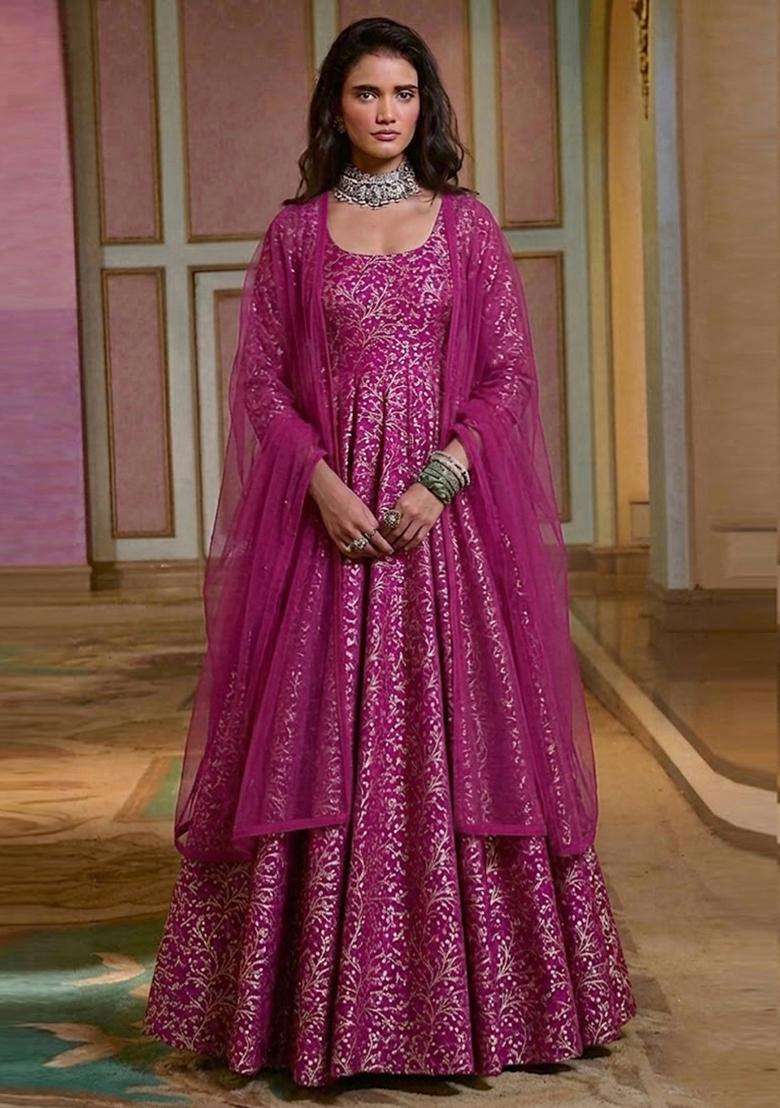 Magenta Pink Brocade Anarkali with Dupatta - Indya
