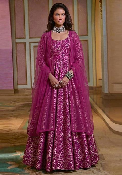 Magenta Pink Brocade Anarkali with Dupatta