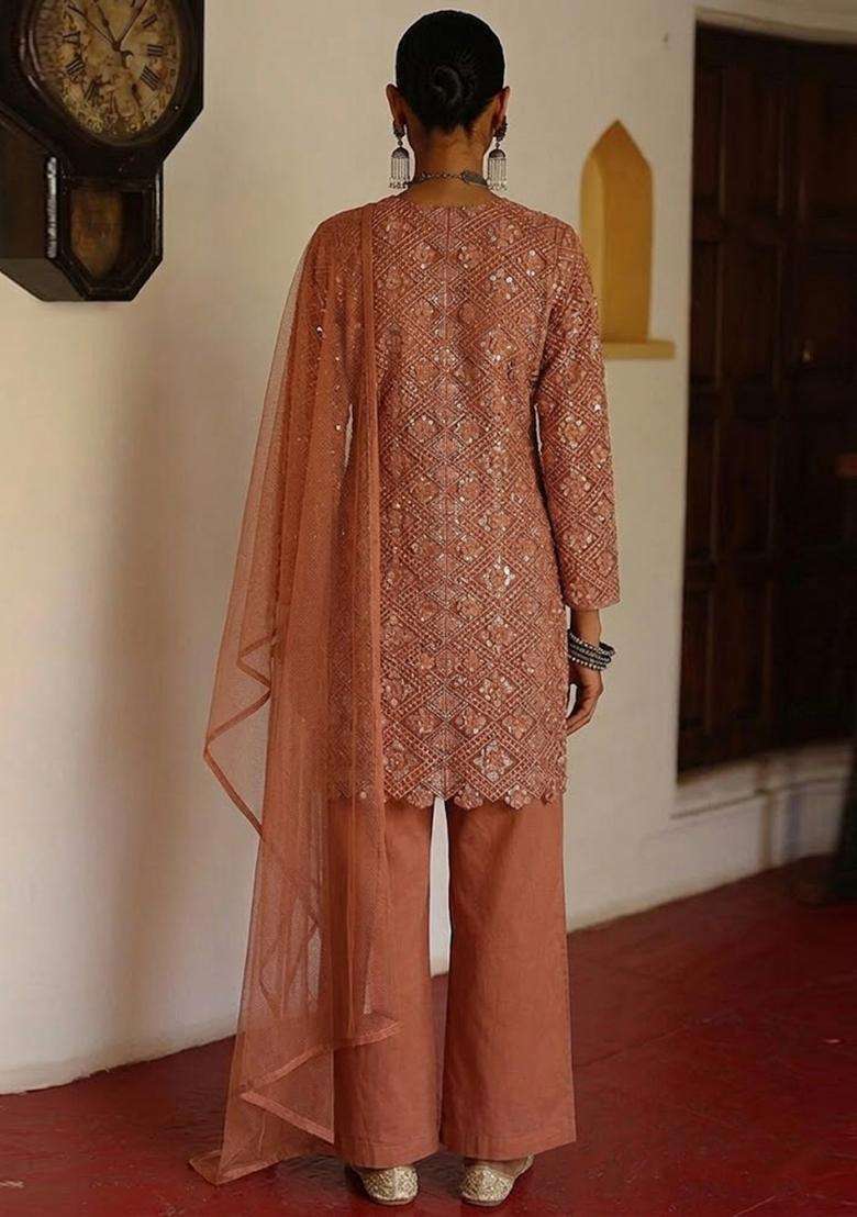 Copper Brown Embroidered Net Kurta Set - Indya