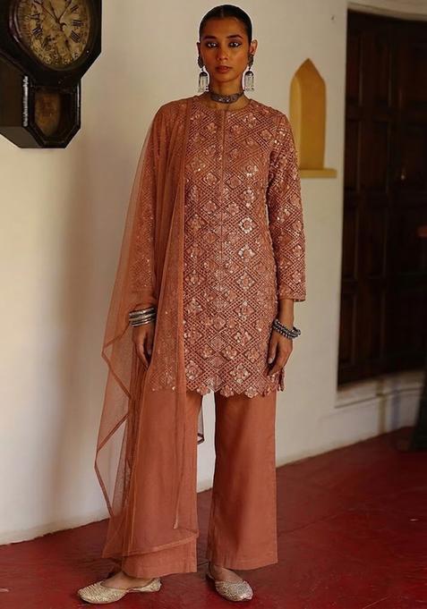 Copper Brown Embroidered Net Kurta Set