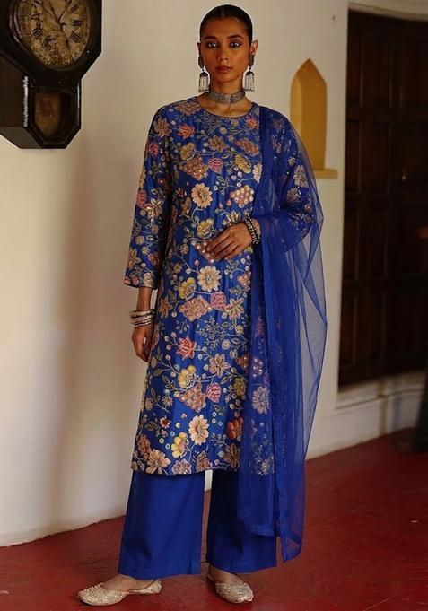 Royal Blue Printed Crepe Kurta Set
