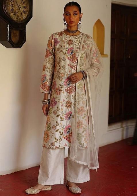 White Printed Crepe Kurta Set
