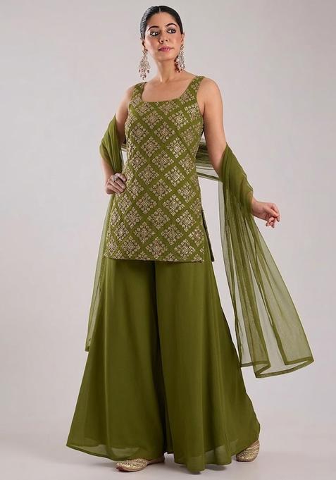 Olive Green Embroidered Crepe Sharara Set