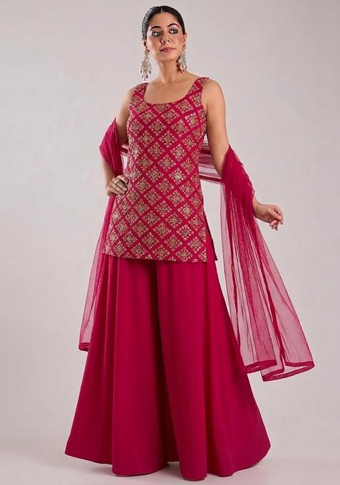 Hot Pink Embroidered Crepe Sharara Set