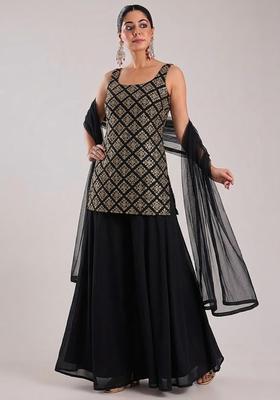 Jet Black Embroidered Crepe Sharara Set